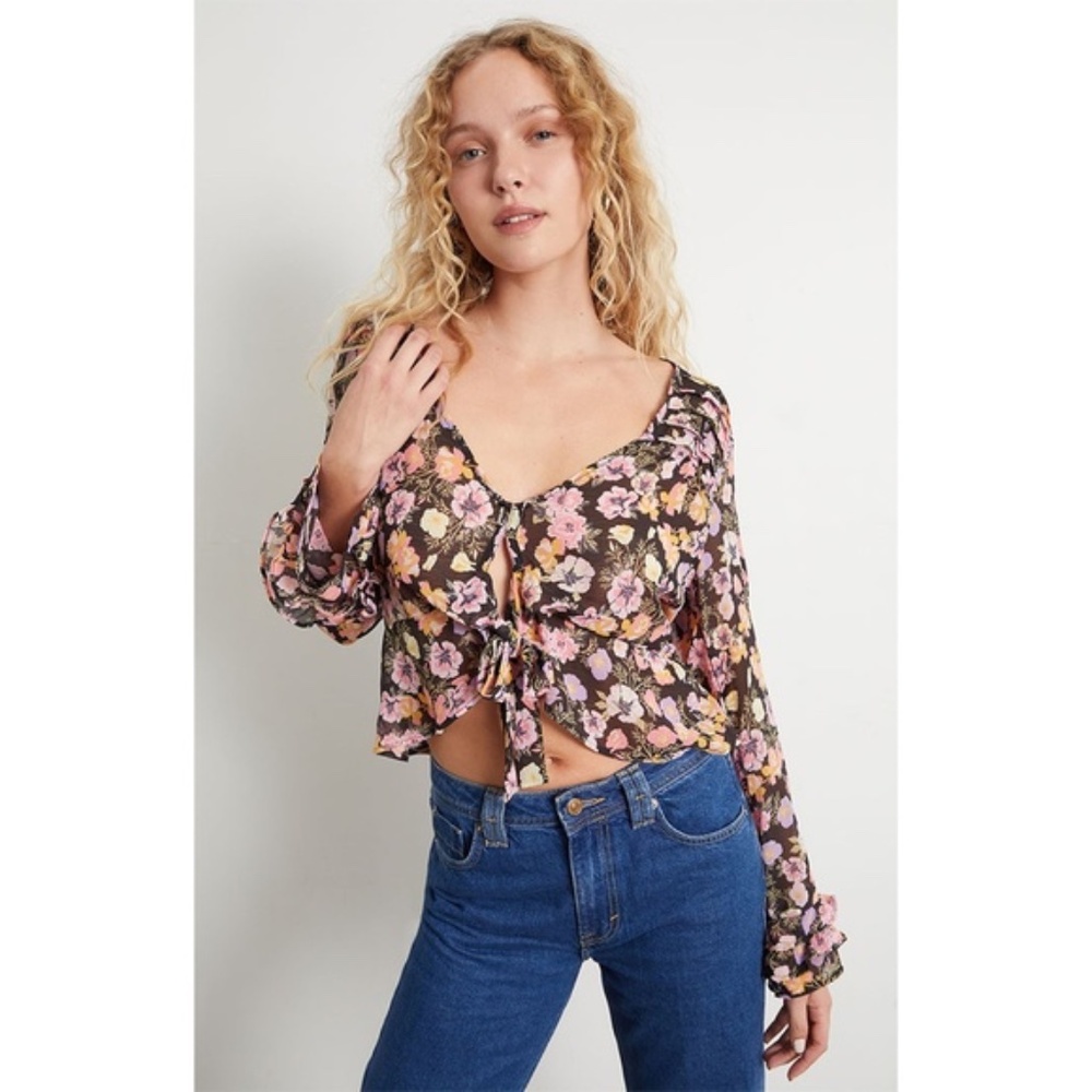 NWT New Free People Floral Cropped Ruffle Maybel Tie-Front Blouse Top Size XS